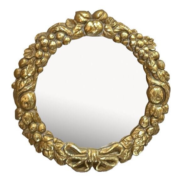 Vintage MID CENTURY MIRROR Plaster Fruit Bow Convex Mirror Gilt Gold Round - Picture 1 of 8